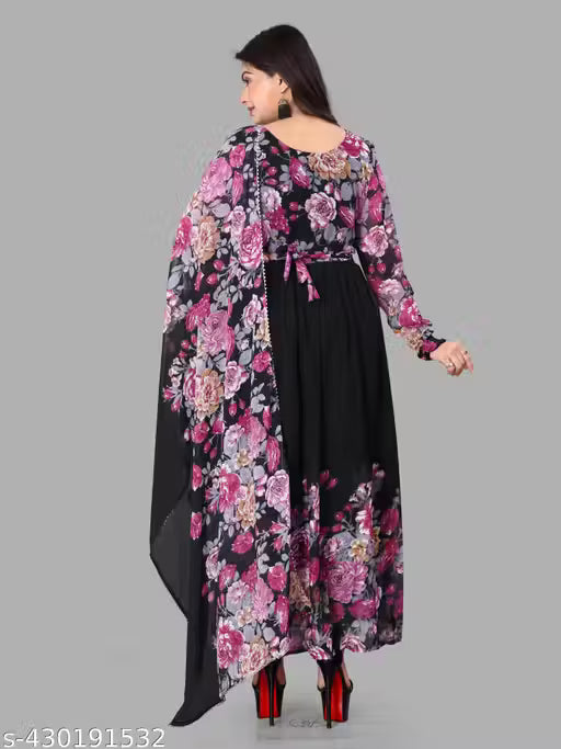 Black printed Gown and Duppata Set for woman