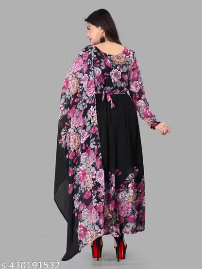 Black printed Gown and Duppata Set for woman