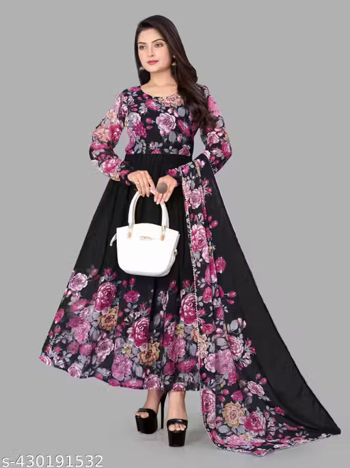 Black printed Gown and Duppata Set for woman