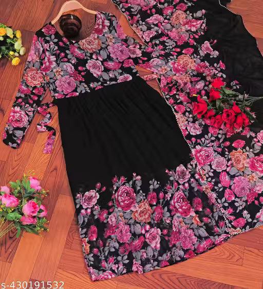 Black printed Gown and Duppata Set for woman