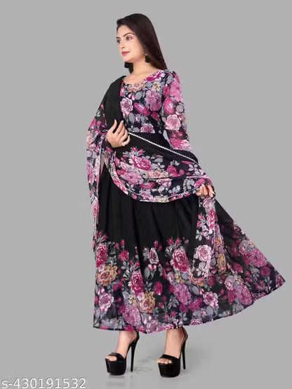 Black printed Gown and Duppata Set for woman